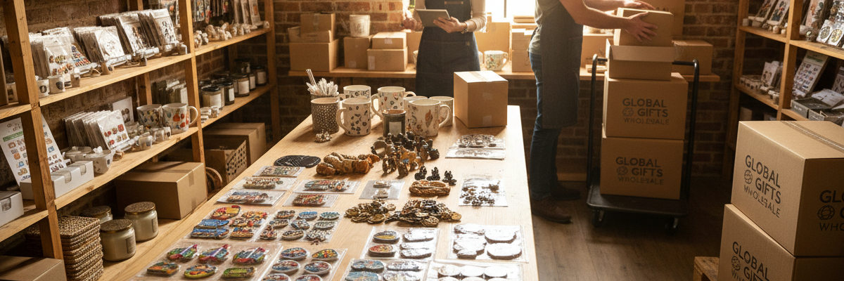 Two people working in a store with shelves and a table displaying items.